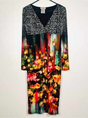 FUZZI Womens Small Multicolor Abstract Floral V-Neck Mesh Stretch Midi Dress